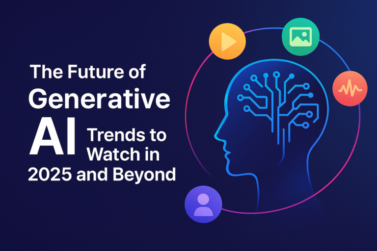 Illustration showing future trends in Generative AI for 2025 with human brain circuit and multimedia icons