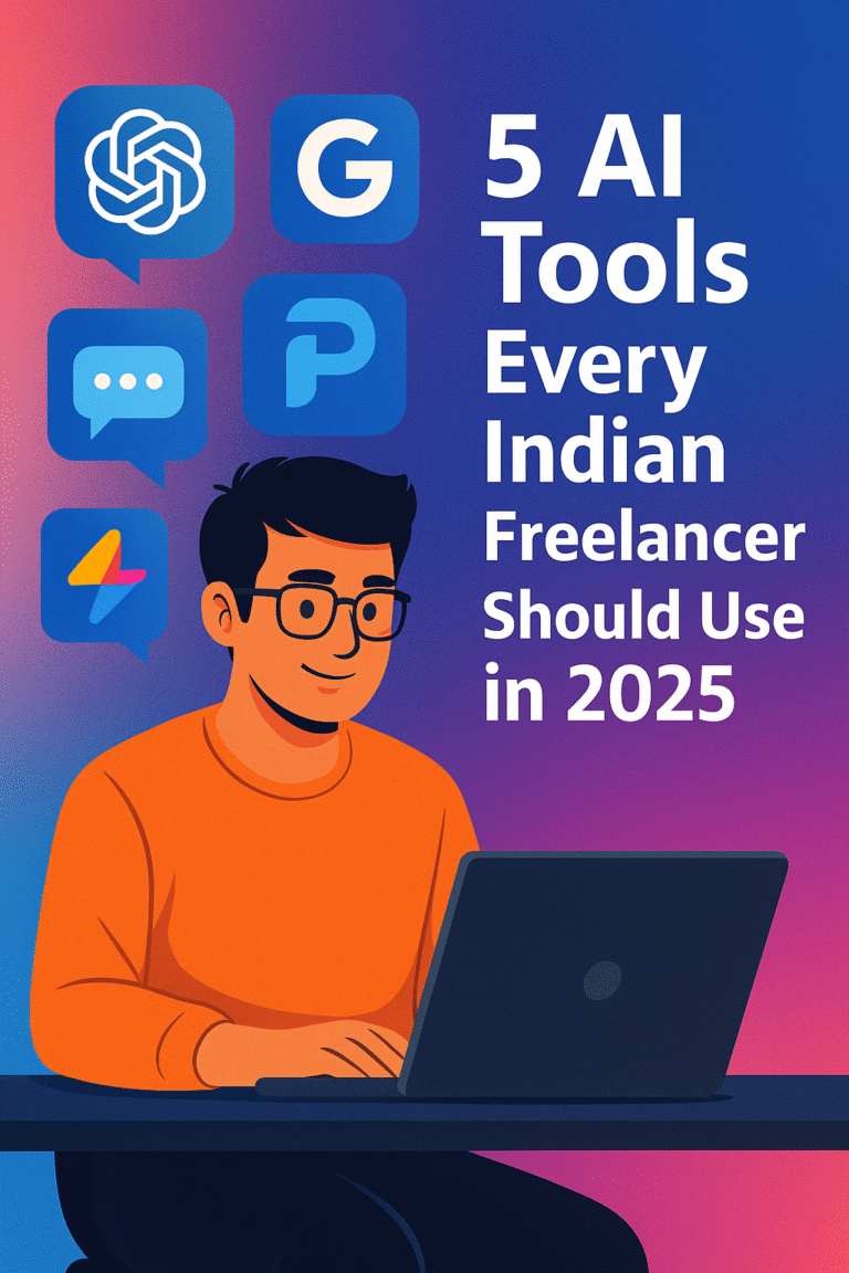 A young Indian freelancer working on a laptop, surrounded by icons of top AI tools like ChatGPT, Gemini, Perplexity, Notion, and Copilot, with the title “5 AI Tools Every Indian Freelancer Should Use in 2025”