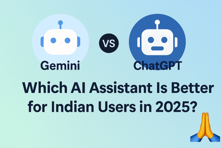 Illustration comparing Gemini and ChatGPT AI assistants for Indian users in 2025 with robot icons and "Namaste" symbol