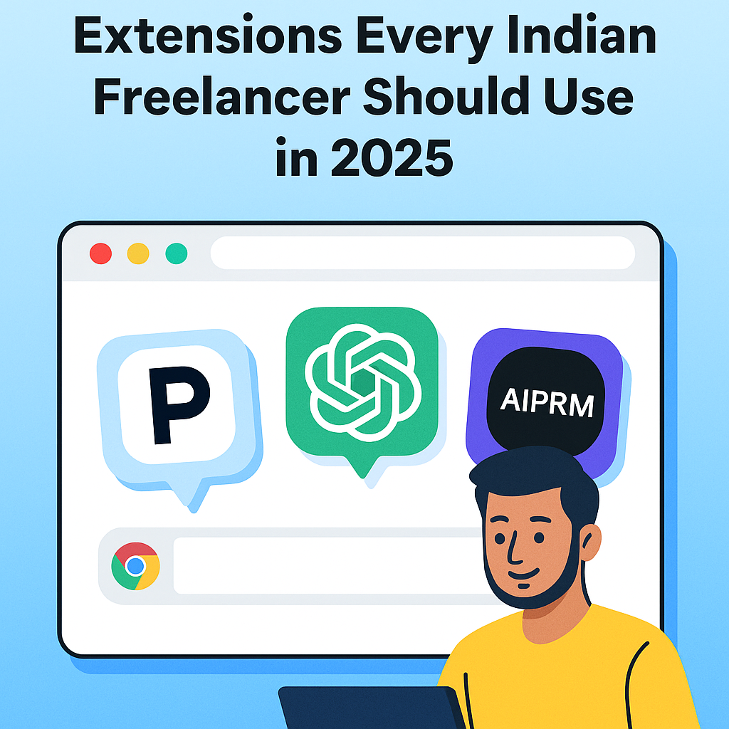 Illustration showing Chrome browser with top AI extensions and an Indian freelancer using a laptop