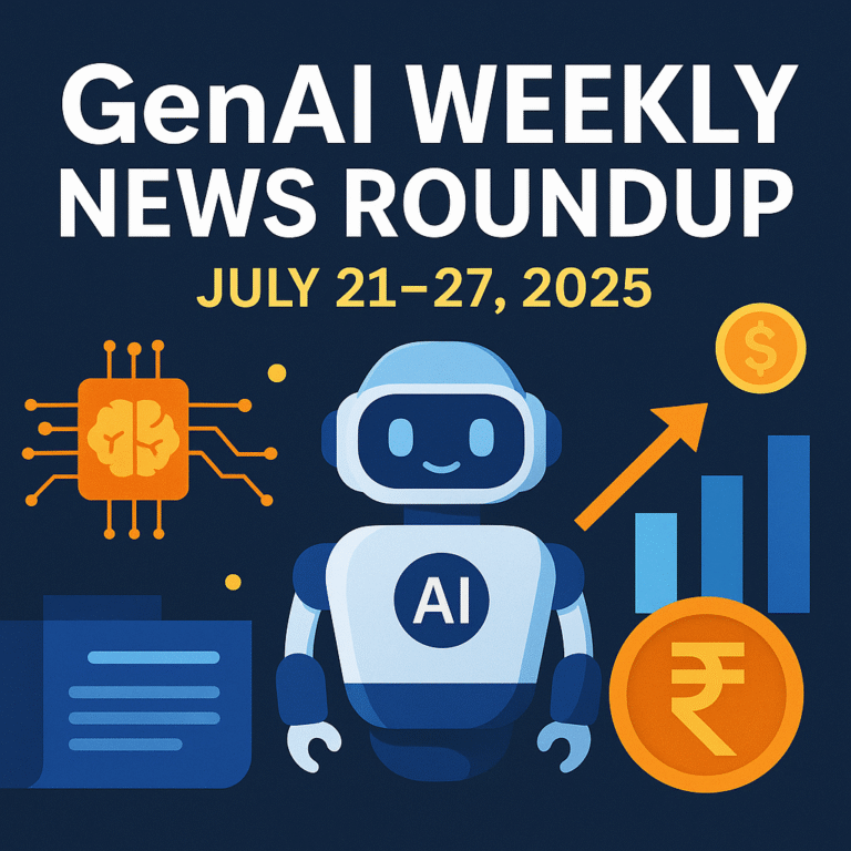 A digital illustration showing global generative AI news and updates from July 21 to 27, 2025, with headlines and icons representing India, AI policies, robotics, and multimodal AI tools.