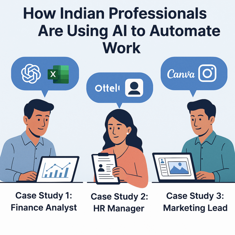 Illustration showing Indian working professionals using AI tools like ChatGPT, Canva, and Otter.ai to automate tasks in finance, HR, and marketing