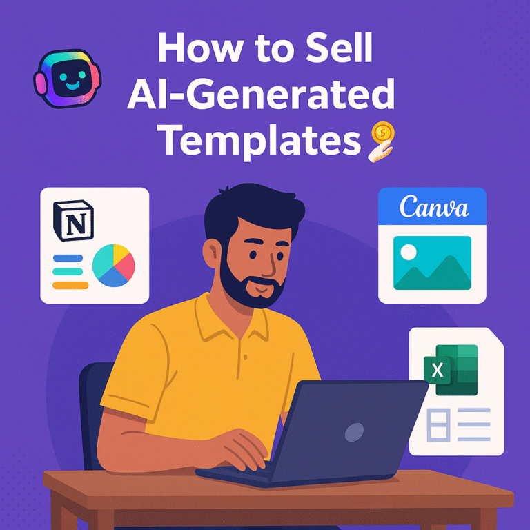 Indian freelancer selling AI-generated Notion and Canva templates online via Etsy and Gumroad in 2025