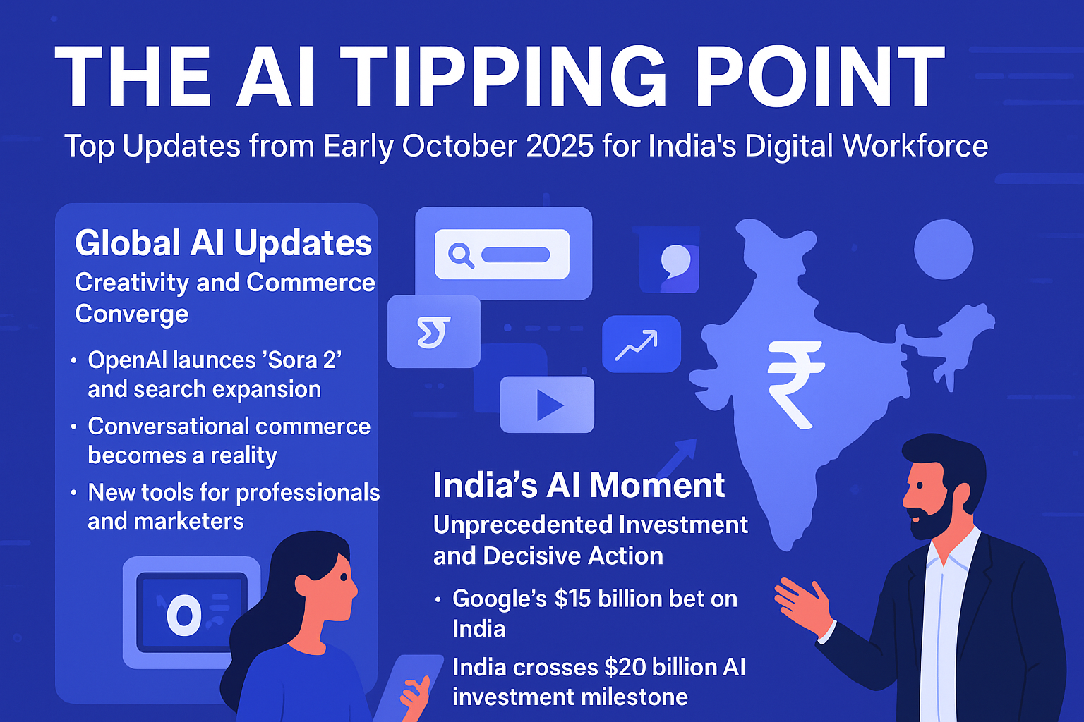 Digital infographic summarizing key AI updates from early October 2025, highlighting OpenAI Sora 2, Google’s $15 billion AI investment in India, and India crossing the $20 billion AI investment milestone.