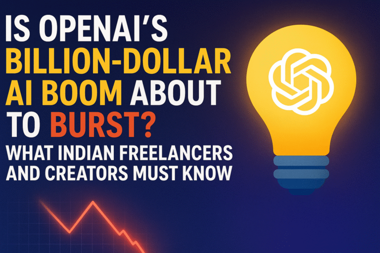 Digital illustration showing AI boom and stock market volatility with glowing AI brain and falling red graph, representing OpenAI’s billion-dollar deals and market risks